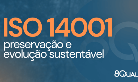 Arte capa com a frases "ISO 14001: preservação e desenvolvimento sustentável" em laranja sobre fundo azul.