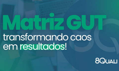Banner azul com a frase a seguir escrita em verde: "Matriz GUT: transformando caos em resultados"