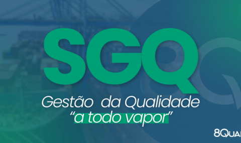 Banner azul com a seguinte frase escrita em verde: "Sistema de Gestão da Qualidade (SGQ): Qualidade a todo vapor"