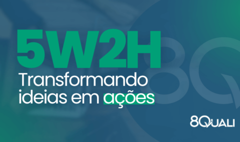 Imagem de fundo azul com a frase "5W2H: transformando ideias em ações" escrita em laranja e a logo da empresa 8Quali