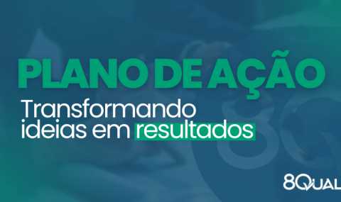 Banner azul com a frase "Plano de Ação: transformando ideias em resultados" escrita em verde claro.