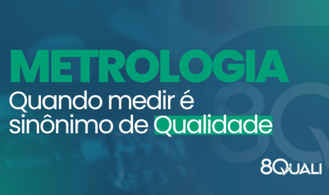 Banner azul com a frase "Metrologia na Qualidade conceitos, benefícios e aplicação prática" escrita em verde.