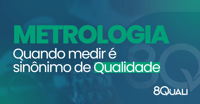 Banner azul com a frase "Metrologia na Qualidade conceitos, benefícios e aplicação prática" escrita em verde.
