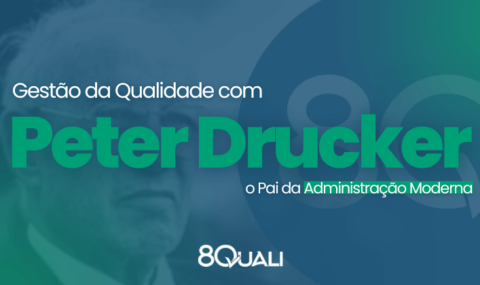 Banner azul com o seguinte texto em verde: "Gestão da Qualidade com Peter Drucker, o Pai da Administração Moderna".
