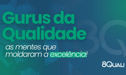 Banner azul com a seguinte frese escrita em verde: Gurus da Qualidade: as lendas que moldaram a excelência!