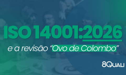 Banner azul com a seguinte frase escrita em verde claro: "ISO 14001:2026 e a revisão Ovo de Colombo"